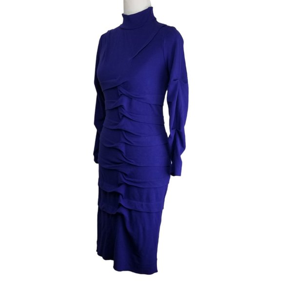 Nicole Miller Studio One Mock Neck Pleated Fitted Dress Blue Small - Picture 3 of 16